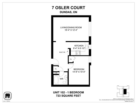A floor plan for a 700 square foot unit at Osler Court in Dundas, Ontario.